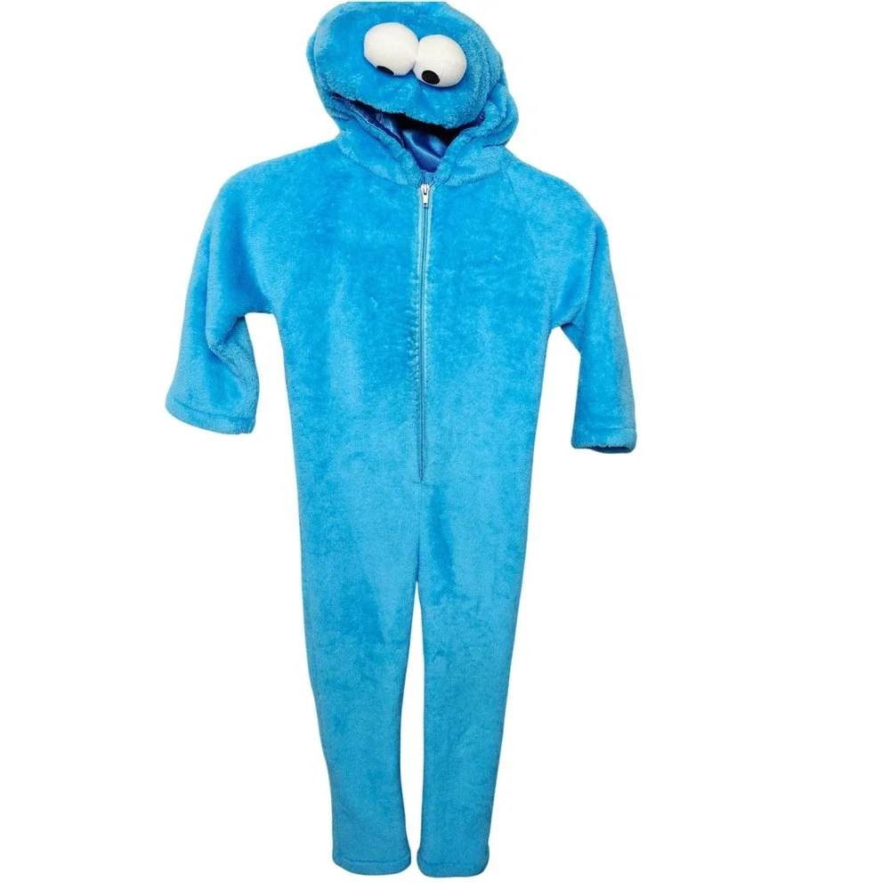 Sesame Street Cookie Monster Union Suit Kids Size 4/5 Blue Plush Hooded Costume